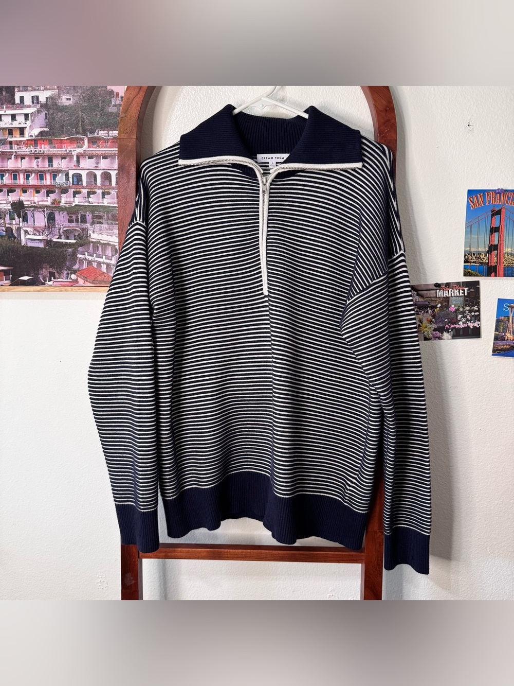 Cream Yoga Ribbed Navy White Striped Sweater Half Zip